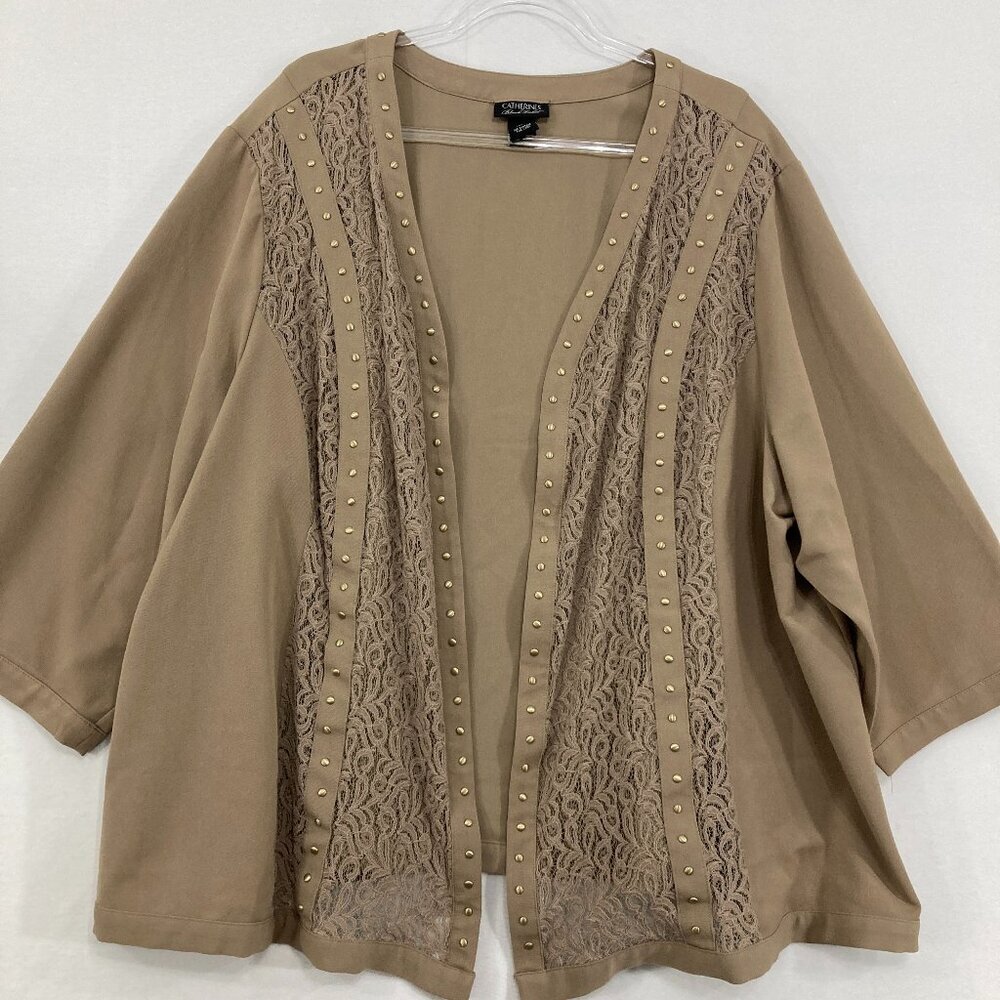 Catherines size 4X Brown Tan Studded Lace Open Front Jacket Office Career